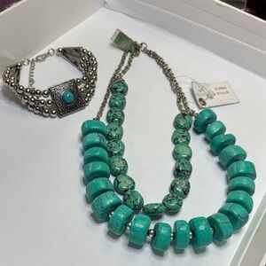 Turquoise (Faux) Beaded Statement Necklace & Bracelet